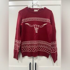 Women’s medium Cotton Rye Burgundy Sweater with Longhorn Pattern
